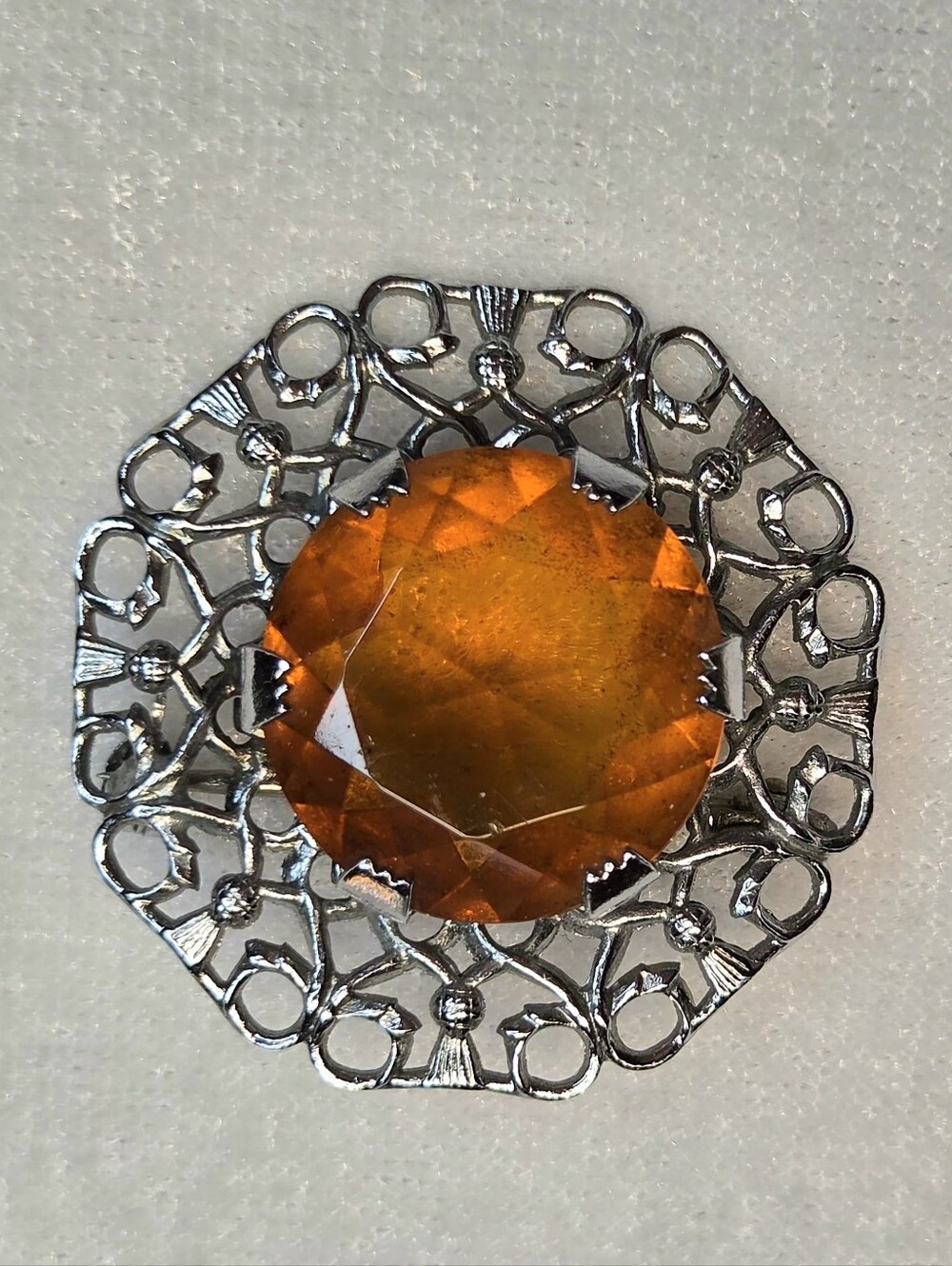 Vintage Amber Glass Stone Scottish Thistle Brooch / Pin